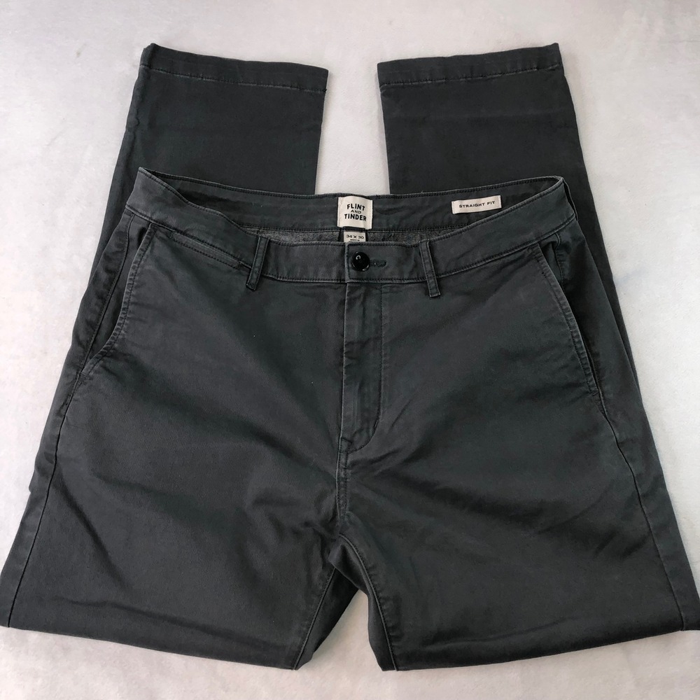 Flint and Tinder 365 Pants Mens 34x30 Grey Straight Fit Chino Cotton Stretch